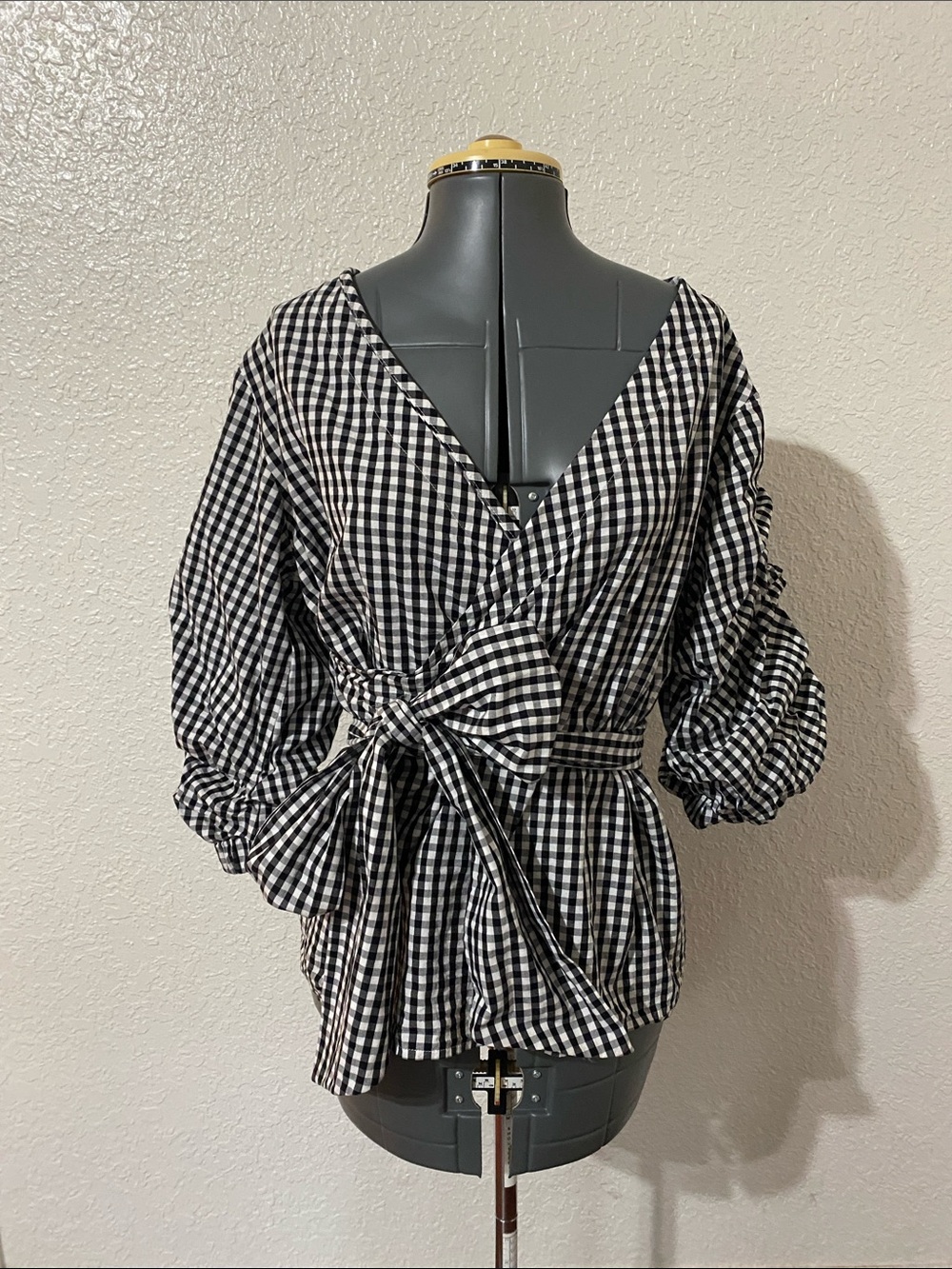 Black & White Gingham Wrap Blouse with Self-Tie Waist
